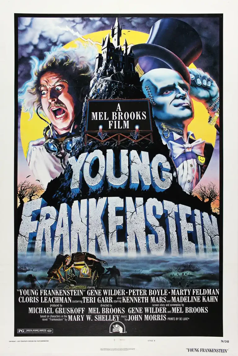 Young Frankenstein Movie poster featuring Gene Wilder and The Monster in a top hat, standing opposite a gothic castle illustration against a bright yellow moon.