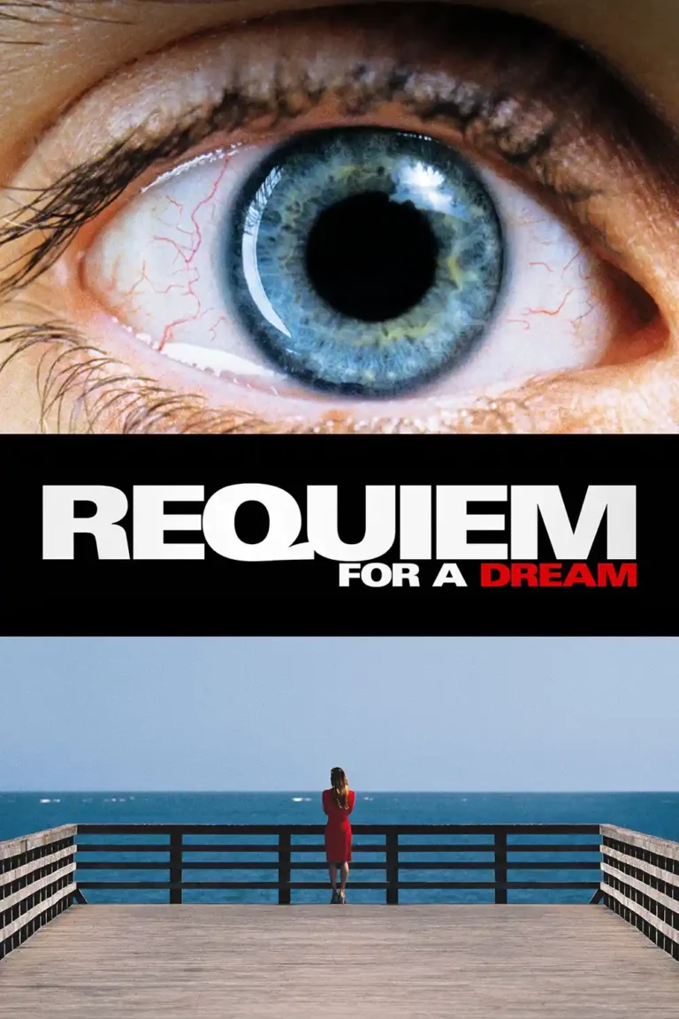 Requiem for a Dream movie poster featuring a close-up of a blue human eye, the film title, and a woman in red on a seaside pier.
