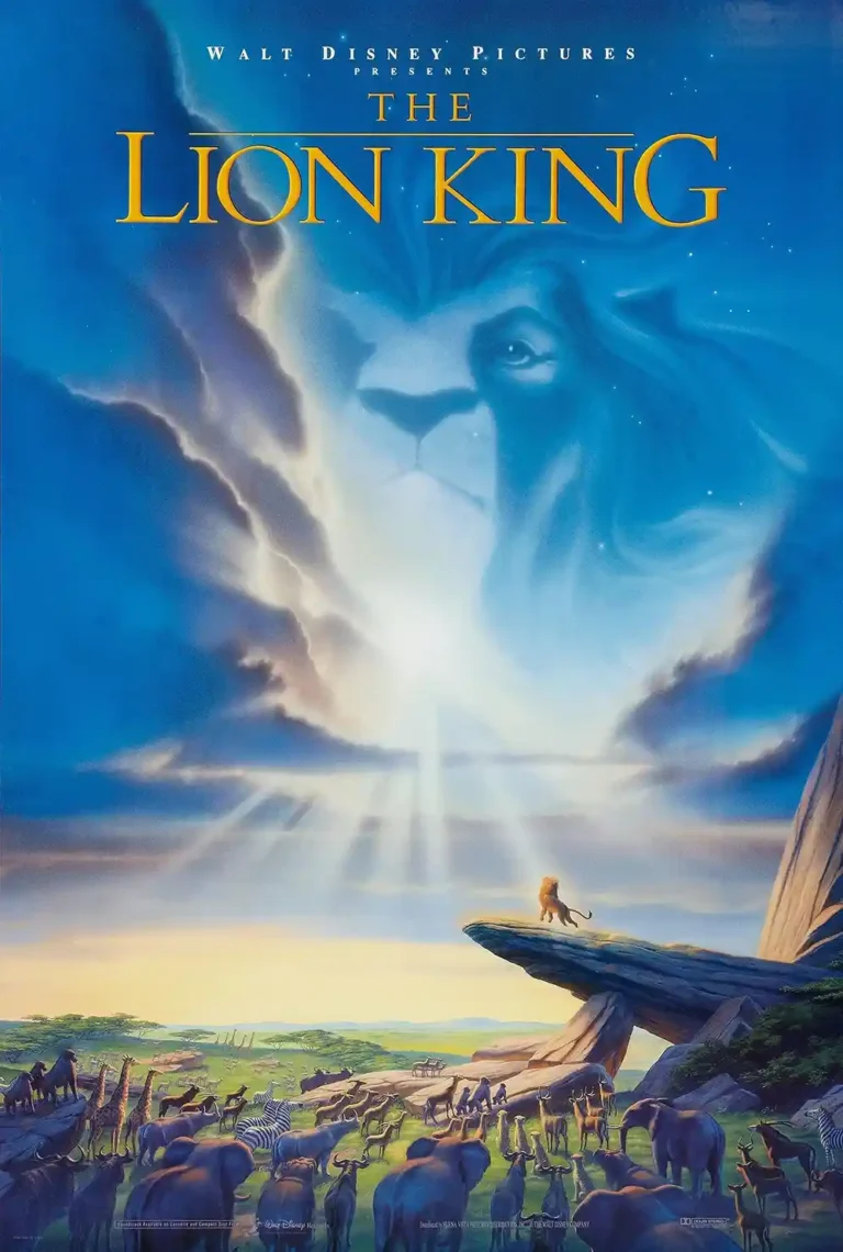 The Lion King Disney animated movie poster featuring young Simba on Pride Rock and the giant spirit of Mufasa appearing in the blue starry sky.