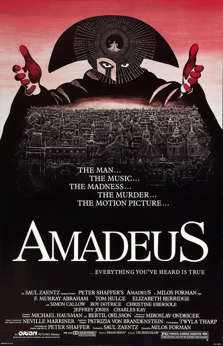 Amadeus Movie poster featuring a large, mysterious masked figure in black holding the city of Vienna, with red highlights and classic typography.