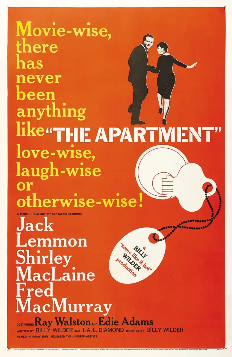 The Apartment Movie poster featuring black silhouettes of Jack Lemmon and Shirley MacLaine on a bright orange background with a large key illustration.