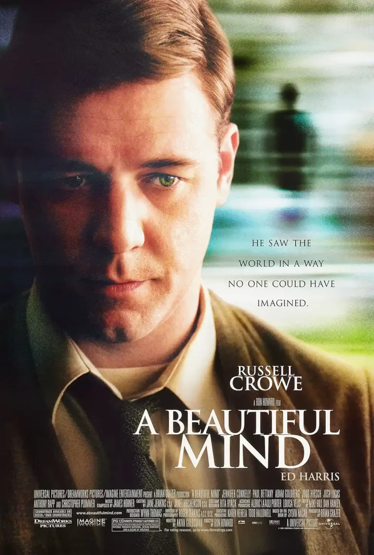 A Beautiful Mind Movie poster featuring a dramatic close-up portrait of actor Russell Crowe as John Nash, set against a blurred background with green and yellow tones.