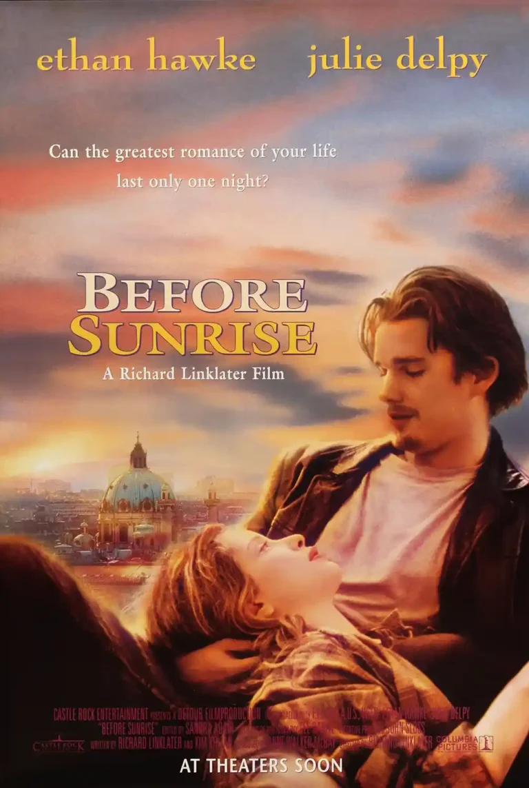 Before Sunrise Movie poster featuring Ethan Hawke and Julie Delpy embracing against an iconic Viennese skyline at sunset.