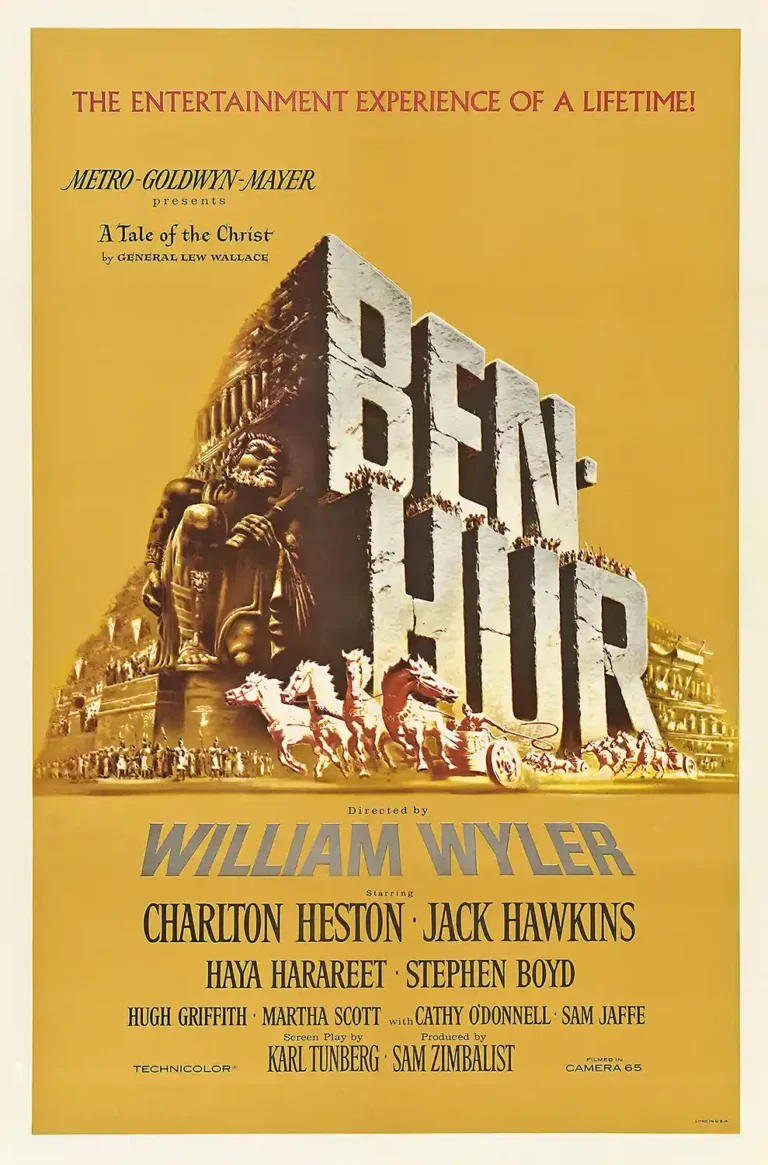 Ben-Hur (1959) Movie poster featuring massive stone typography and the famous chariot race in a gold and yellow vintage style.