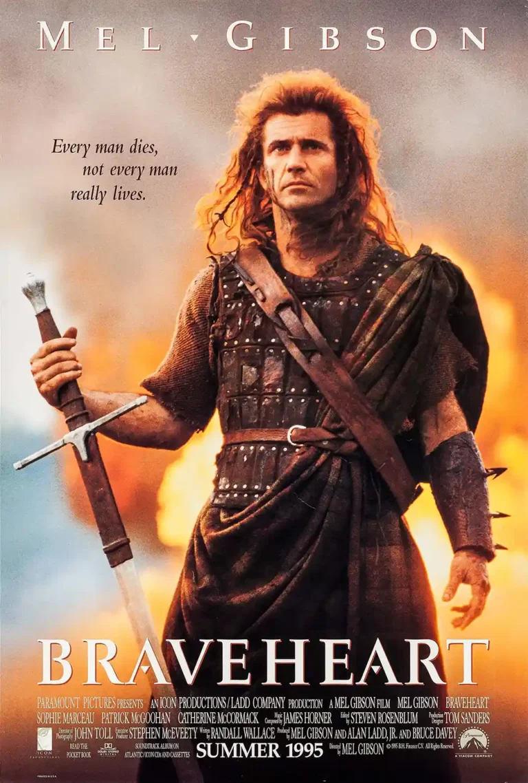 Braveheart Movie poster featuring Mel Gibson as William Wallace holding a longsword, against a fiery, epic background with the original movie title.