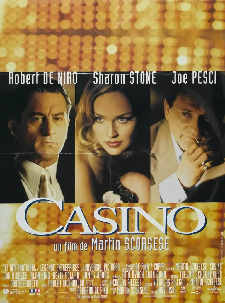 Casino (1995) movie poster featuring Robert De Niro, Sharon Stone, and Joe Pesci prominently against a shimmering gold, bokeh light background.