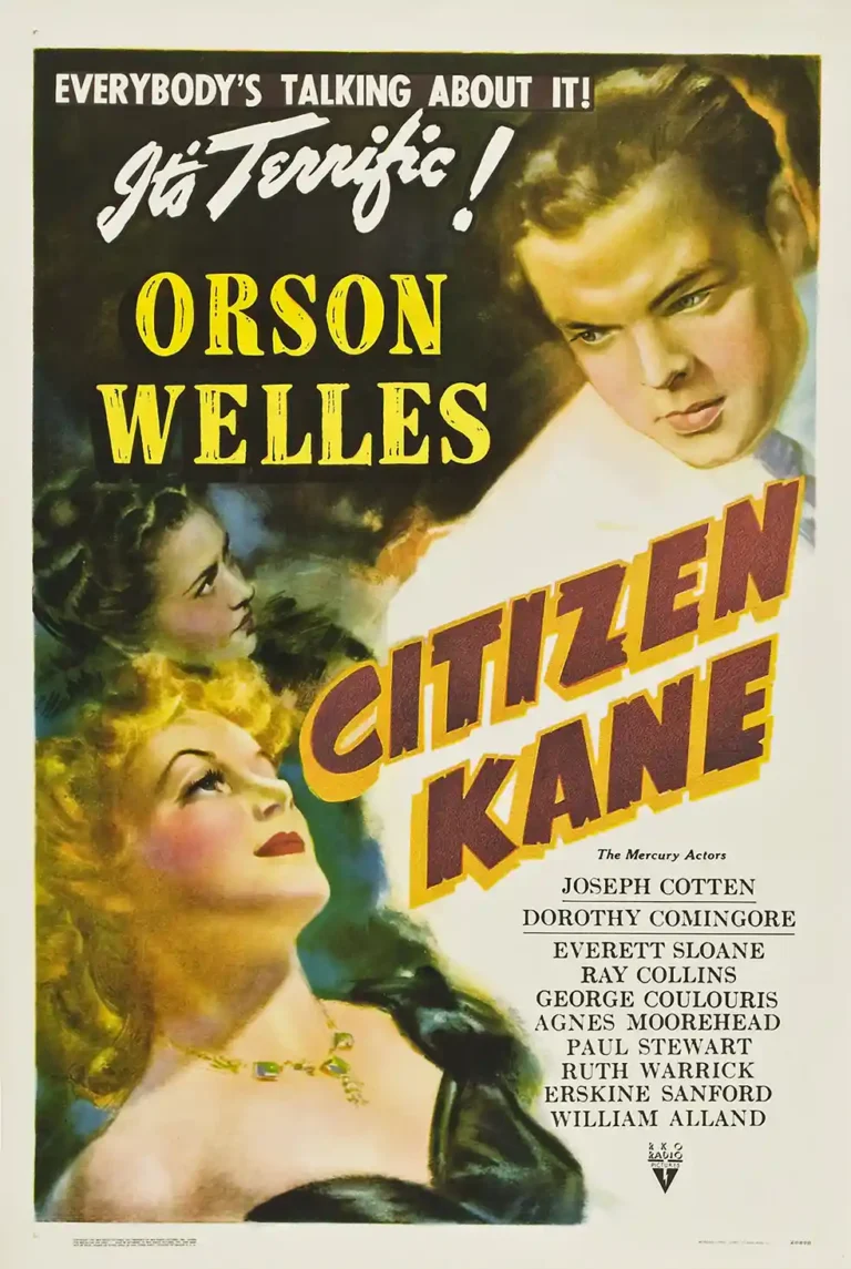 Citizen Kane movie poster featuring a dynamic classic composition with Orson Welles, dramatic lighting, and large title typography in yellow and red.