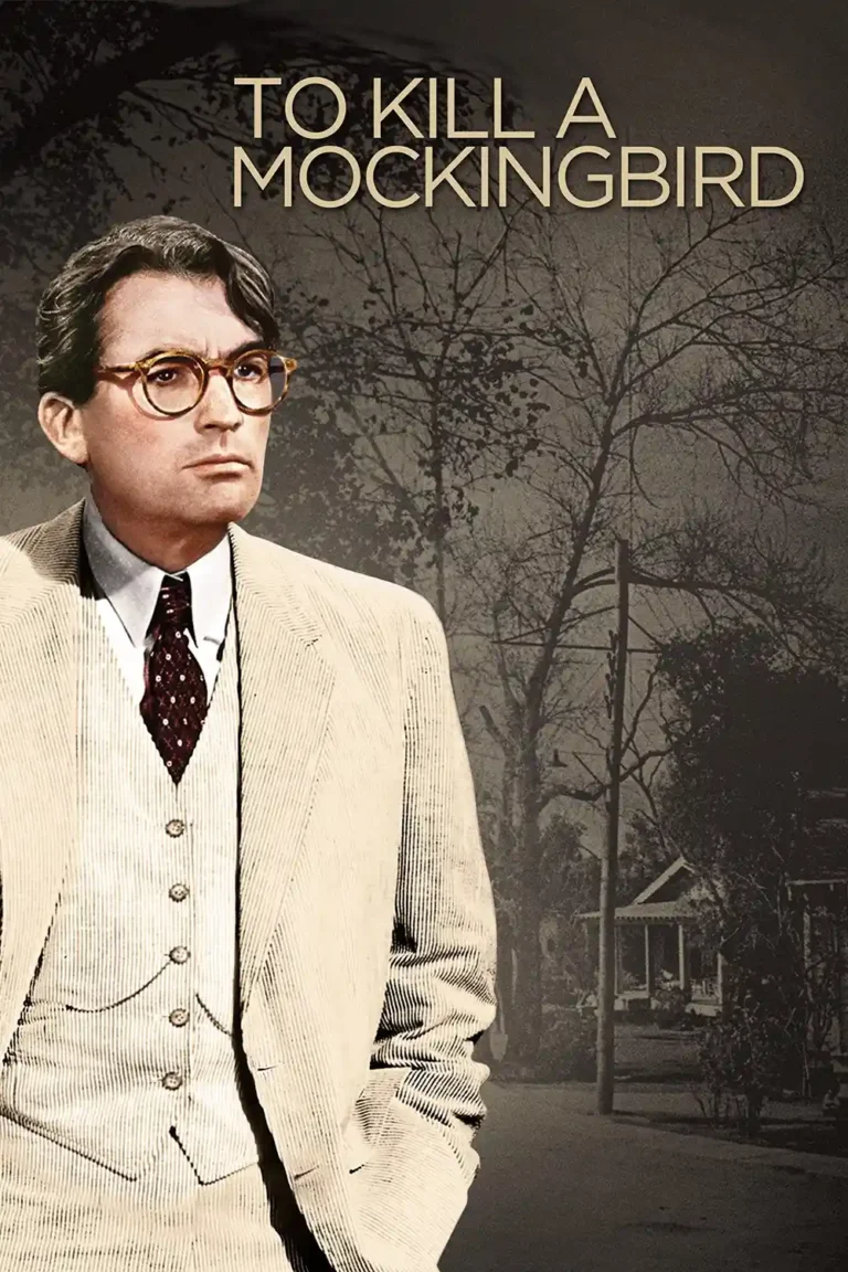 To Kill a Mockingbird Movie poster featuring Gregory Peck as Atticus Finch in a light suit and glasses, set against a vintage sepia background.