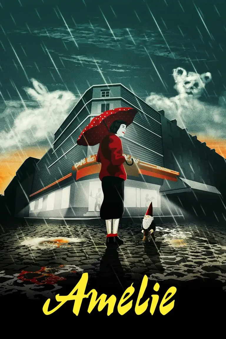 Amélie Film poster featuring Amélie Poulain holding a red umbrella next to the traveling garden gnome in rainy Paris.