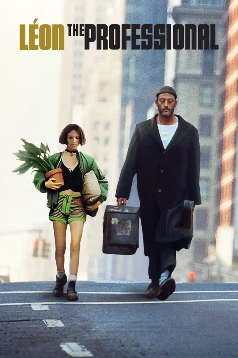 Léon: The Professional Movie poster featuring Jean Reno's Léon and Natalie Portman's Mathilda walking on a city street.