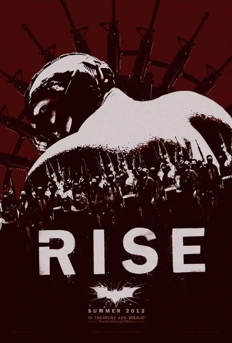The Dark Knight Rises Movie poster featuring a close-up of Bane and his army against a dark red background with the text "RISE" in bold white.