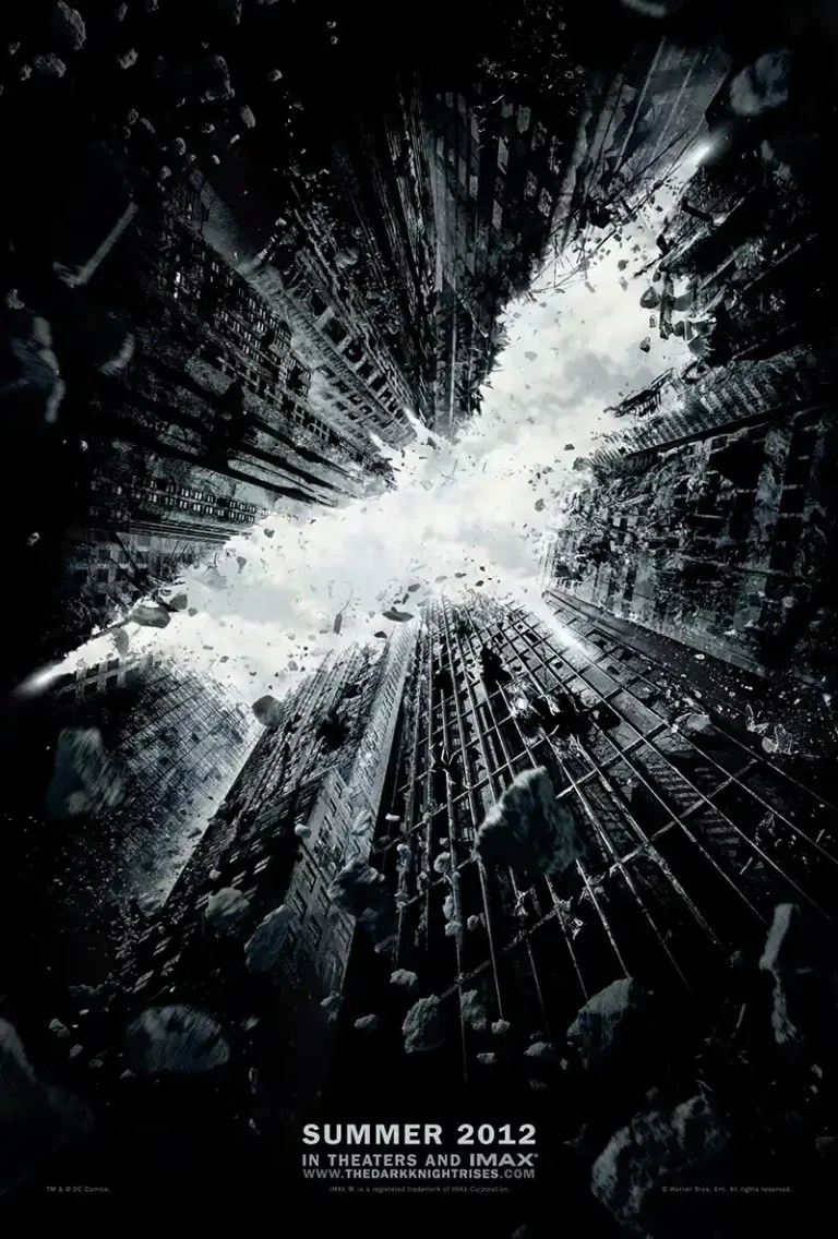 The Dark Knight Rises Movie poster featuring crumbling Gotham skyscrapers forming the iconic Batman logo against a dark, stormy sky.