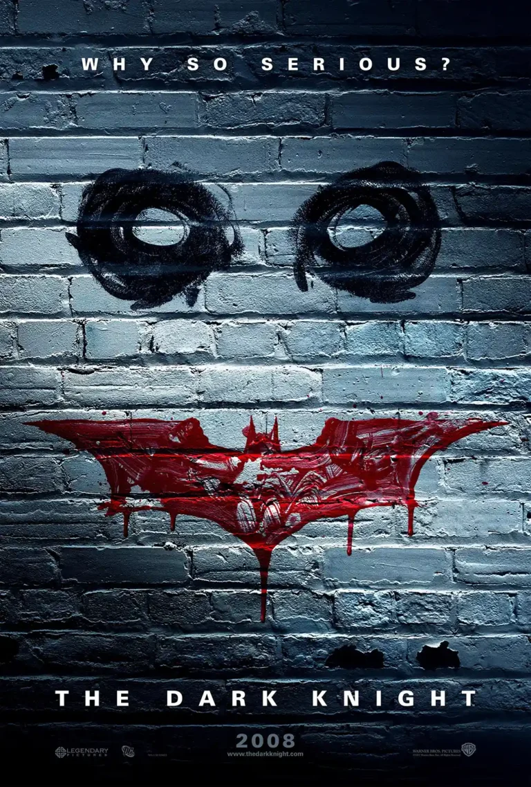 The Dark Knight Movie poster featuring the iconic Joker graffiti eyes and the Bat-Signal logo painted in red on a dark brick wall.