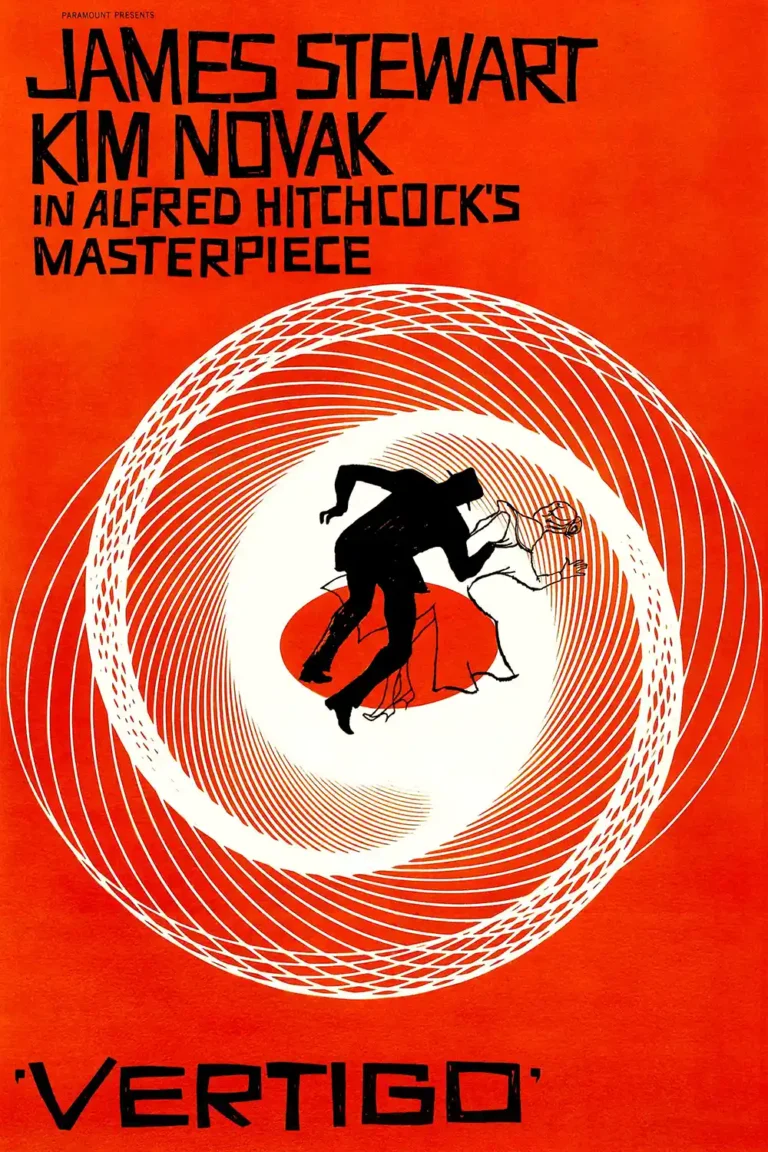 Vertigo Movie poster featuring the iconic Saul Bass design: a black silhouette figure running within a striking red, white, and black dizzying spiral.