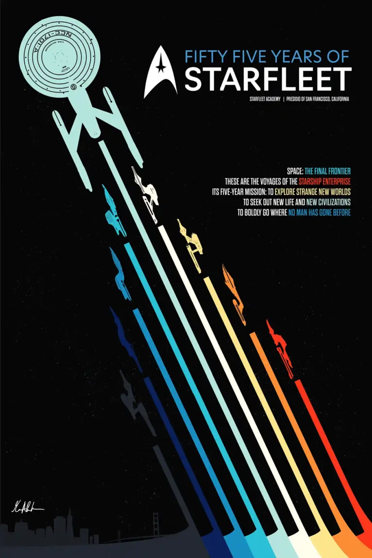 Star Trek Starfleet TV show poster featuring multiple USS Enterprise ships flying in sequence with colorful, diagonal warp speed trails.