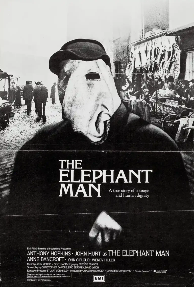 The Elephant Man Movie poster featuring the main character John Merrick masked and hooded in dramatic black and white.