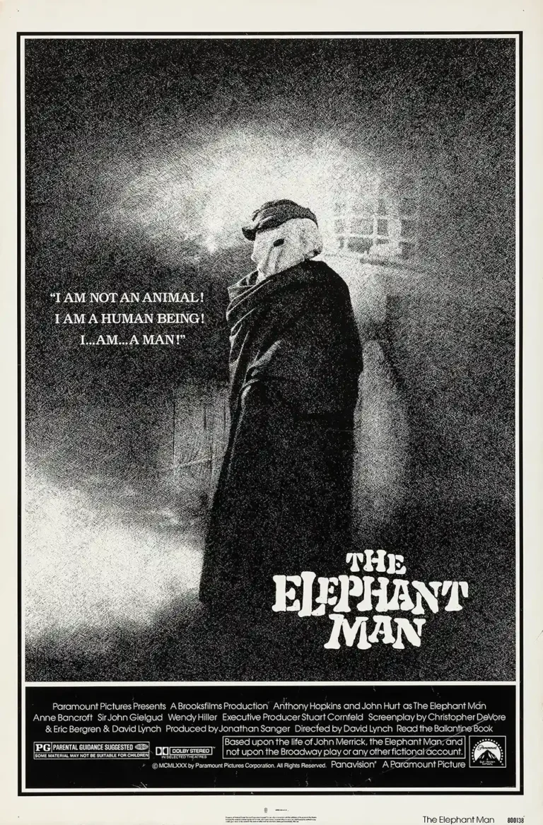 The Elephant Man Movie poster featuring Joseph Merrick in black trench coat and sack mask in stark, grainy black and white.