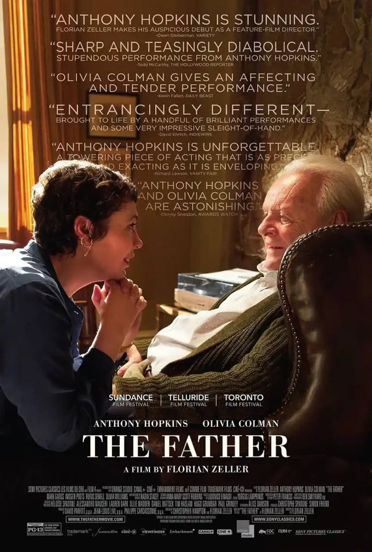 The Father Movie Poster featuring Anthony Hopkins sitting in a chair looking tenderly at Olivia Colman in dramatic lighting.