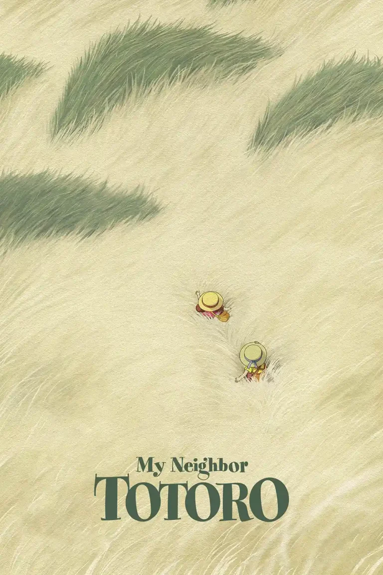 My Neighbor Totoro Studio Ghibli movie poster featuring a minimalist aerial view of Satsuki and Mei in a field of tall grass.