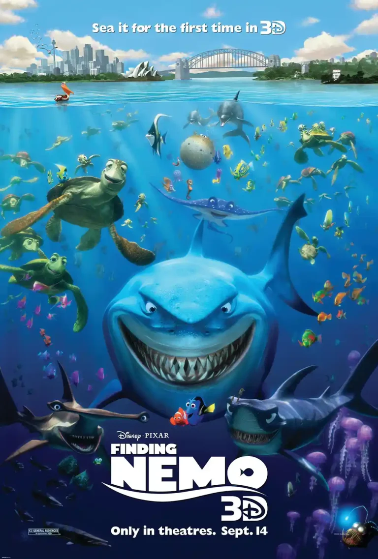 Finding Nemo Disney Pixar movie poster featuring Nemo, Dory, Crush, and Bruce the shark swimming beneath the Sydney skyline in a dynamic, colorful scene.