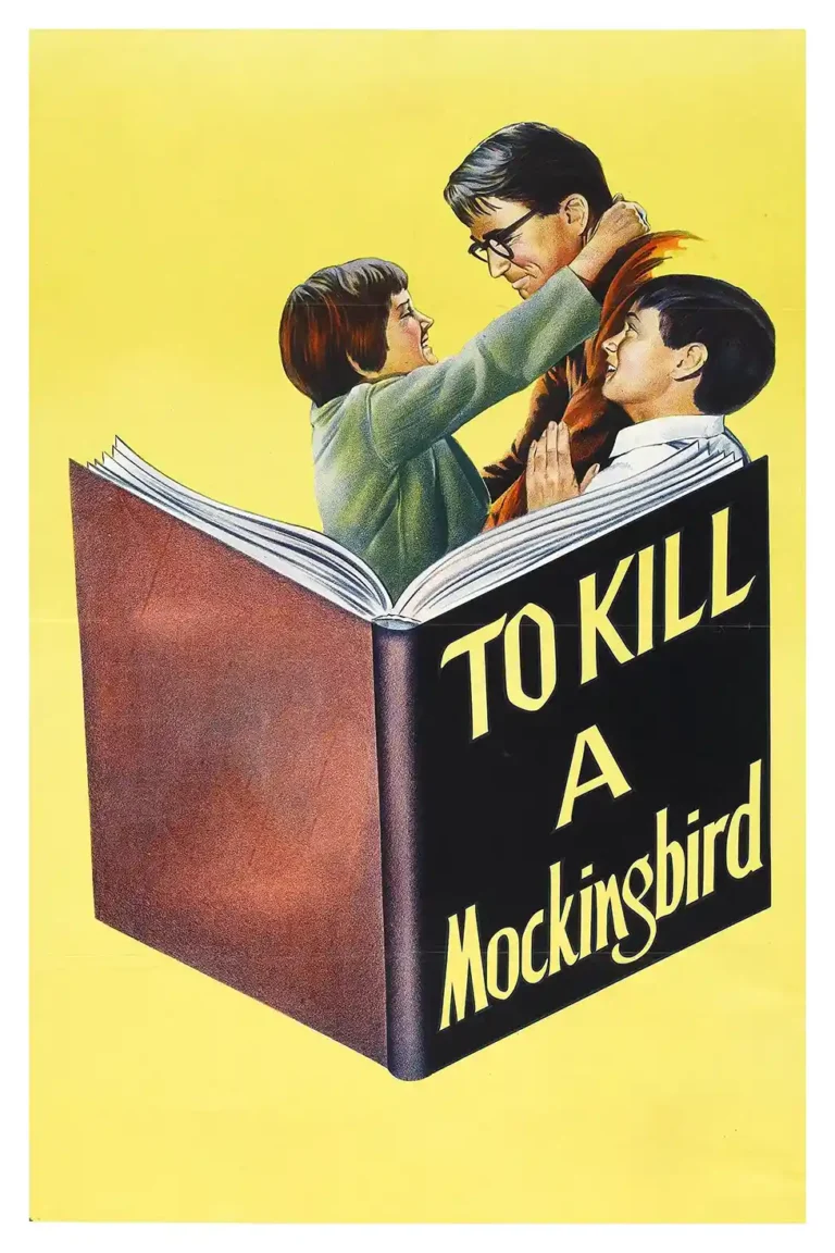 To Kill a Mockingbird Movie poster featuring Gregory Peck as Atticus Finch embracing Scout and Jem, rising from the pages of a large open book.