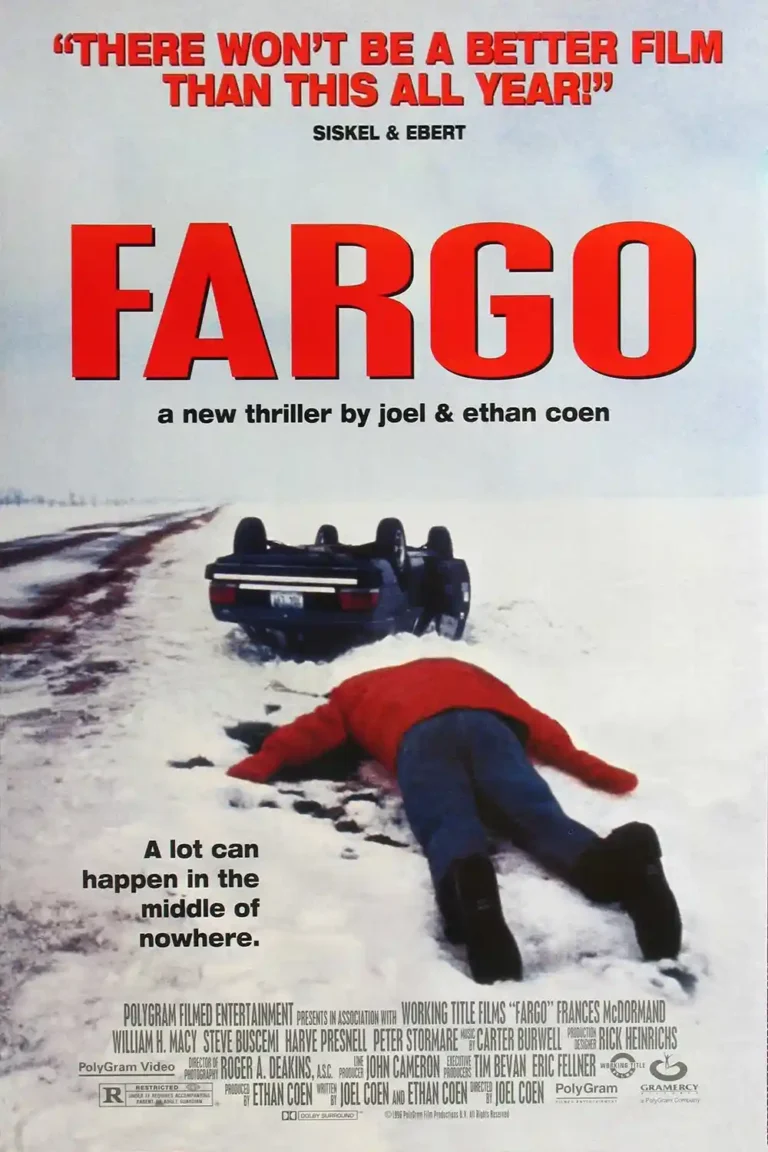 Fargo Movie poster featuring the iconic, stark winter scene of a body lying in the snow next to an overturned car under the bold red film title.