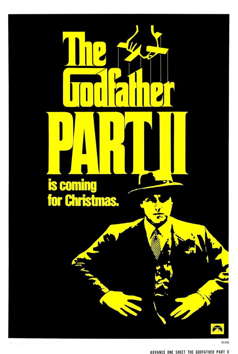 The Godfather Part II Movie Poster in bold yellow and black, featuring Michael Corleone and the iconic puppeteer logo.