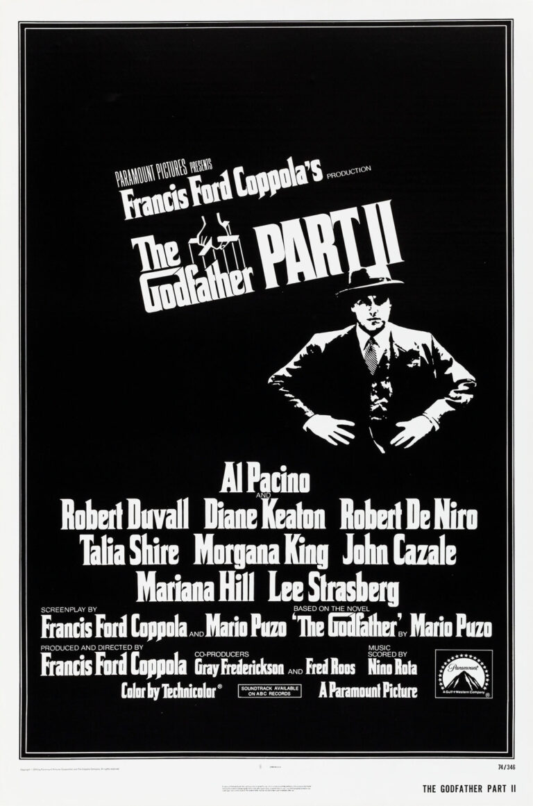 The Godfather Part II movie poster featuring a minimalist black and white silhouette of Al Pacino as Michael Corleone and the bold white title typography.