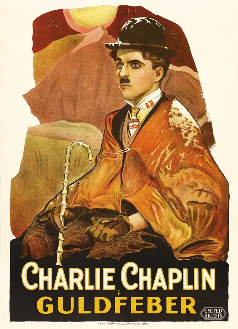 Charlie Chaplin The Gold Rush movie poster featuring a detailed vintage illustration of the Little Tramp in a bowler hat and shawl, holding his iconic bamboo cane.