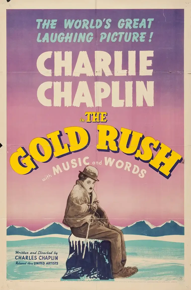 The Gold Rush Movie poster featuring Charlie Chaplin's Tramp character sitting alone on a block of ice. Vintage 1942 film print.