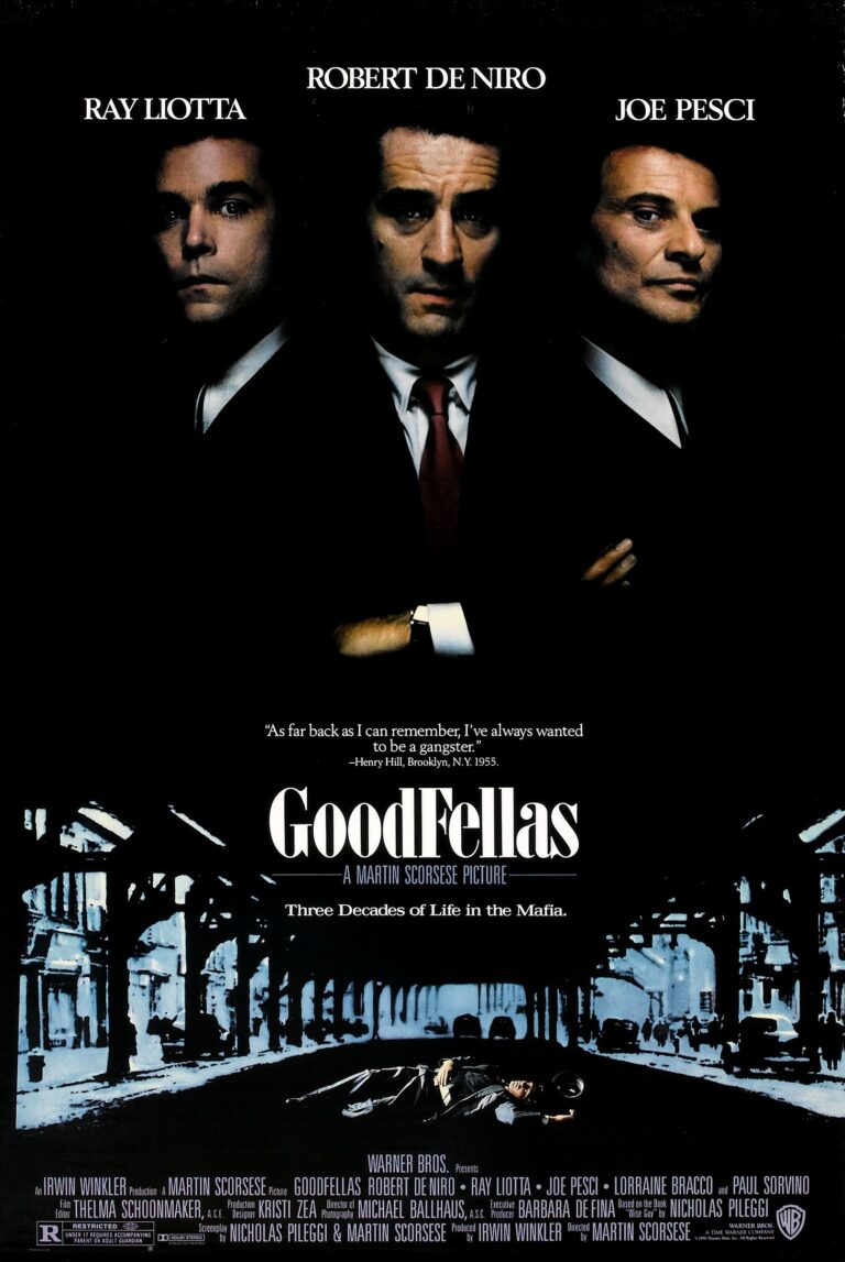 Goodfellas Movie poster featuring dramatic portraits of the main cast: Ray Liotta, Robert De Niro, and Joe Pesci, over a dark street scene.