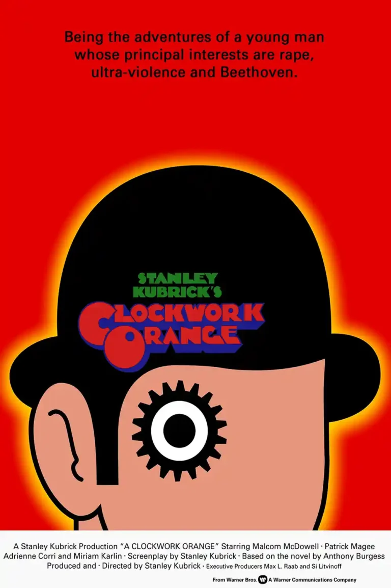 A Clockwork Orange movie poster featuring the minimalist profile of Alex's face, black bowler hat, and the white gear cog eye on a solid red background.