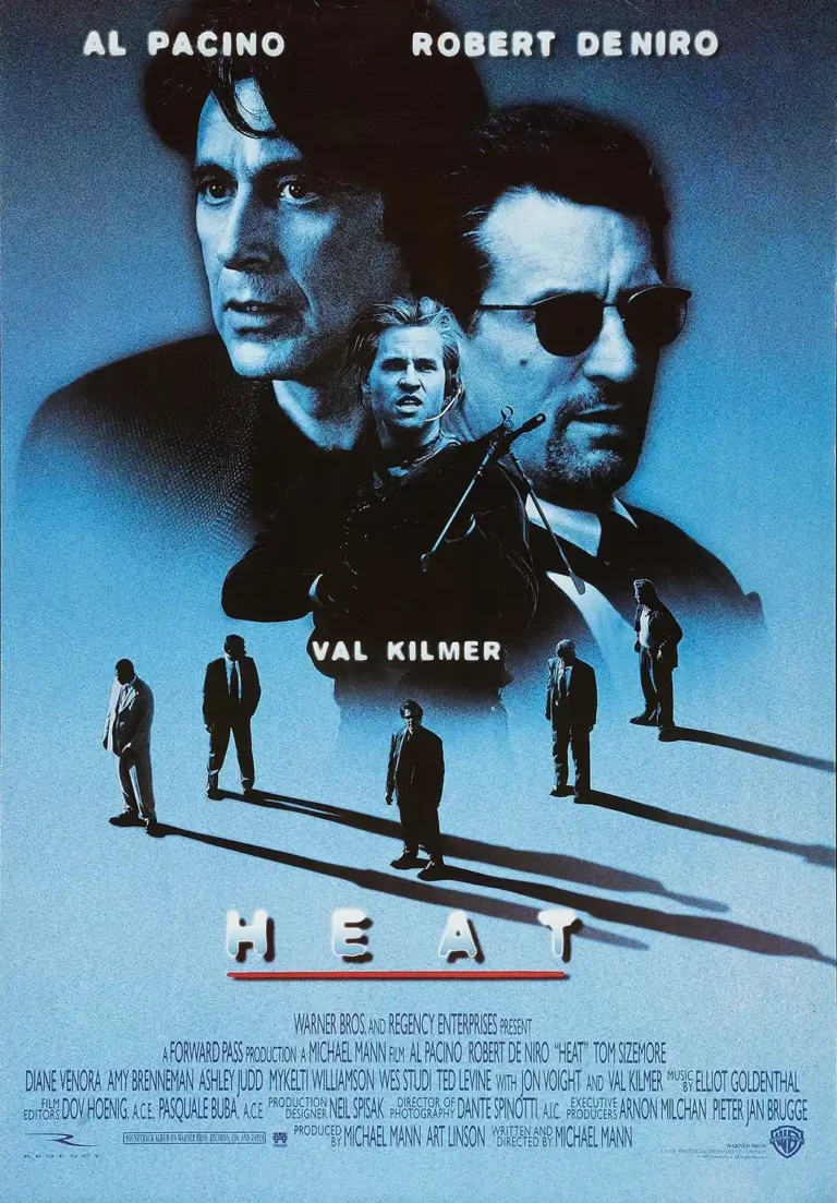 Heat Movie Poster featuring large portraits of Al Pacino and Robert De Niro set against a blue, moody background with the silhouettes of the supporting cast below.