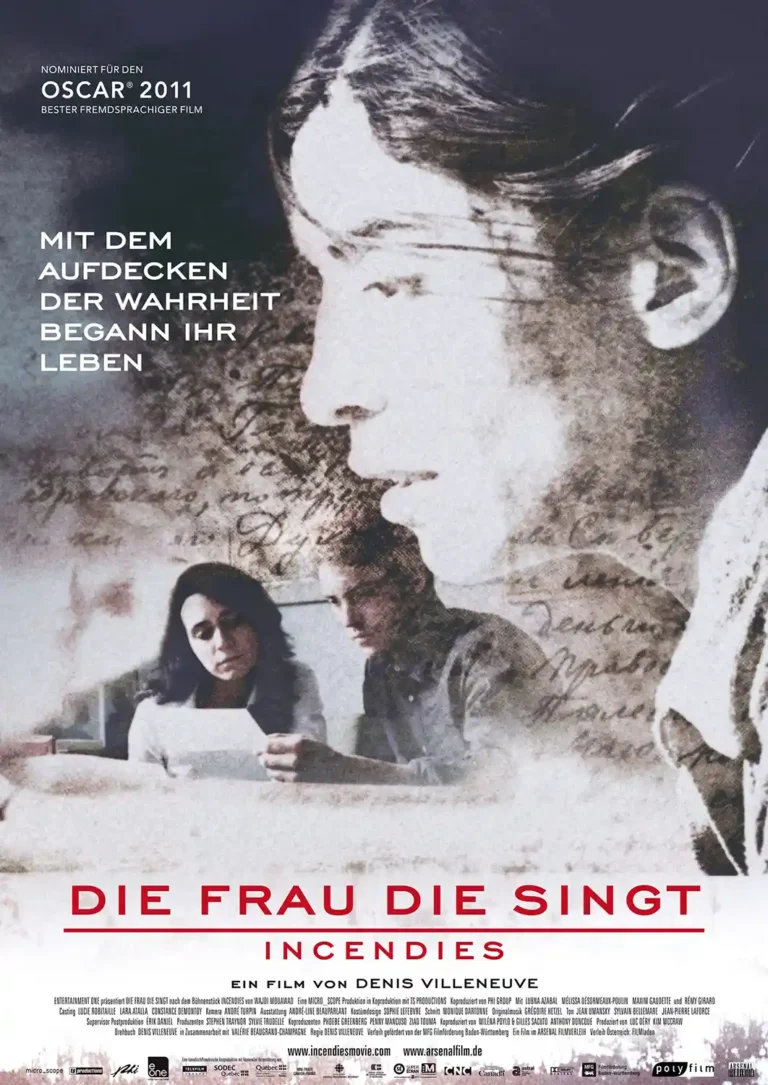 Incendies (Die Frau Die Singt) Movie poster featuring a haunting layered composite of the protagonist's profile, handwritten script, and the twins reading a letter, with German text.