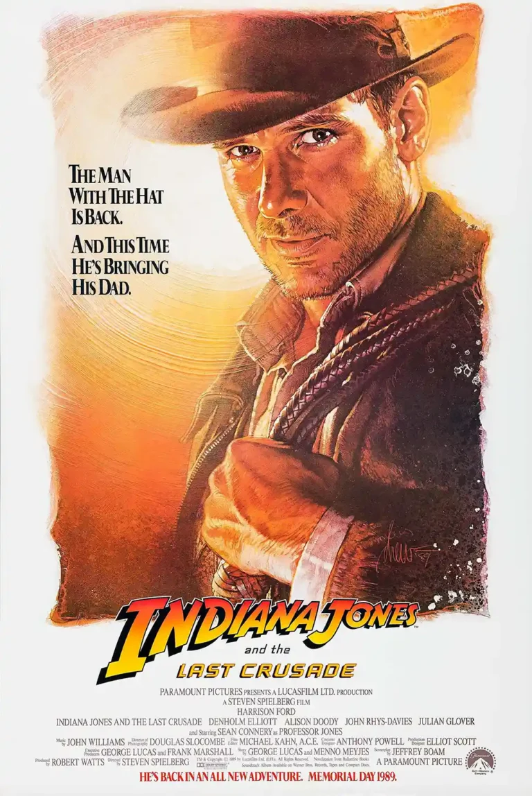 Indiana Jones and the Last Crusade Movie poster featuring a detailed illustration of Harrison Ford as Indy holding his whip.