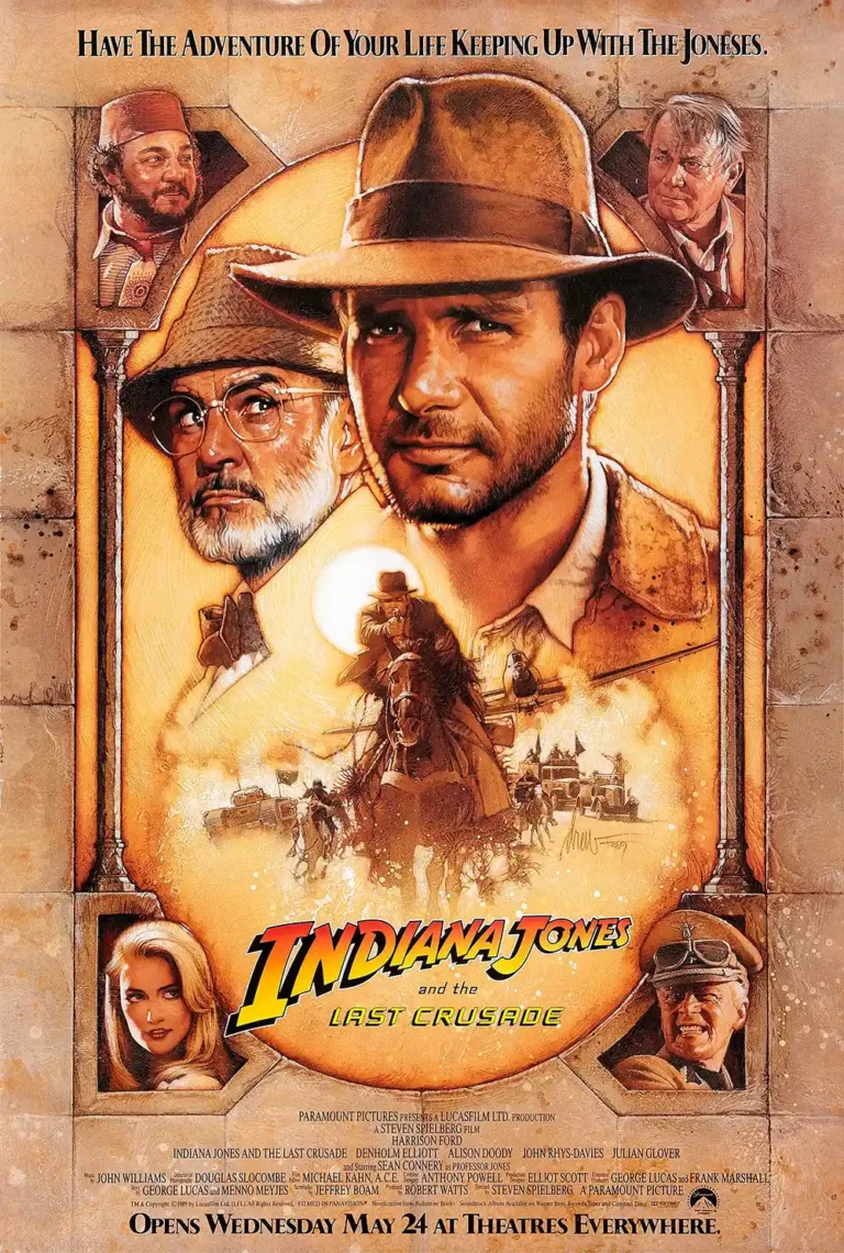 Indiana Jones and the Last Crusade Movie poster featuring a montage of Harrison Ford, Sean Connery, and supporting cast in a vintage, sepia art style.