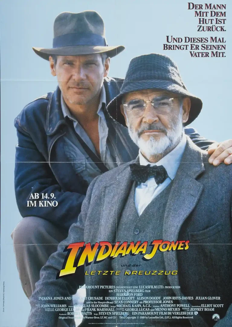 Indiana Jones and the Last Crusade Movie poster featuring Harrison Ford and Sean Connery in iconic fedoras and vintage suits.
