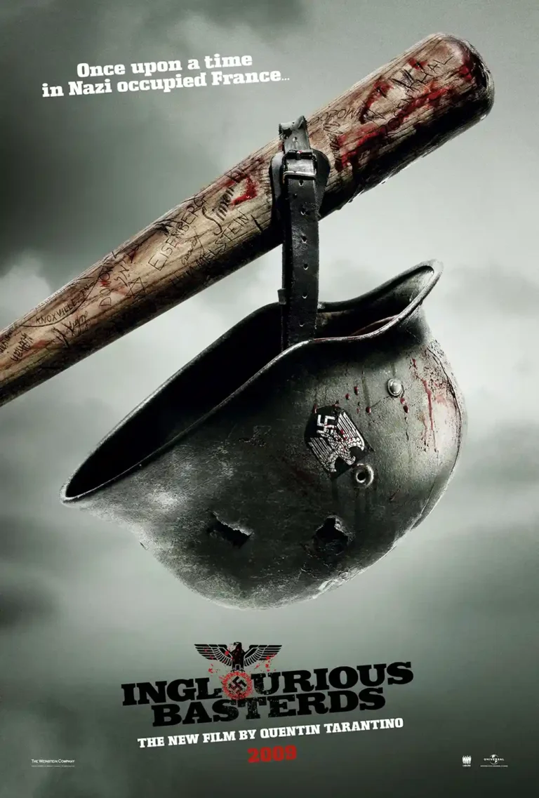 Inglourious Basterds Movie poster featuring the iconic bloody baseball bat used by the Basterds and a German combat helmet.