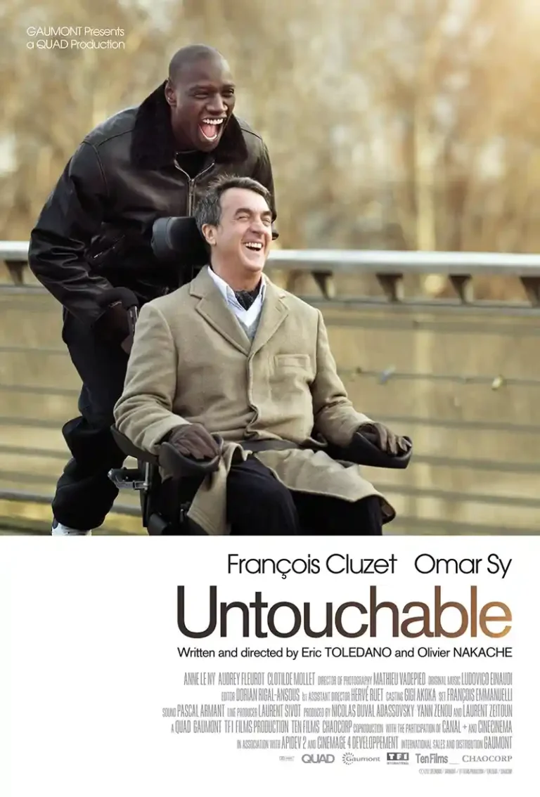 Untouchable (Intouchables) movie poster featuring Omar Sy and François Cluzet laughing intensely while outdoors in a wheelchair.