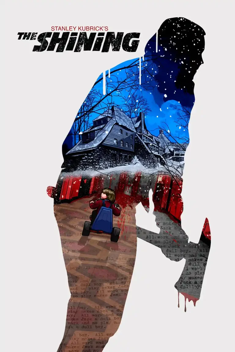 The Shining Movie poster featuring Jack Torrance's menacing silhouette filled with scenes of Danny and the Overlook Hotel exterior.