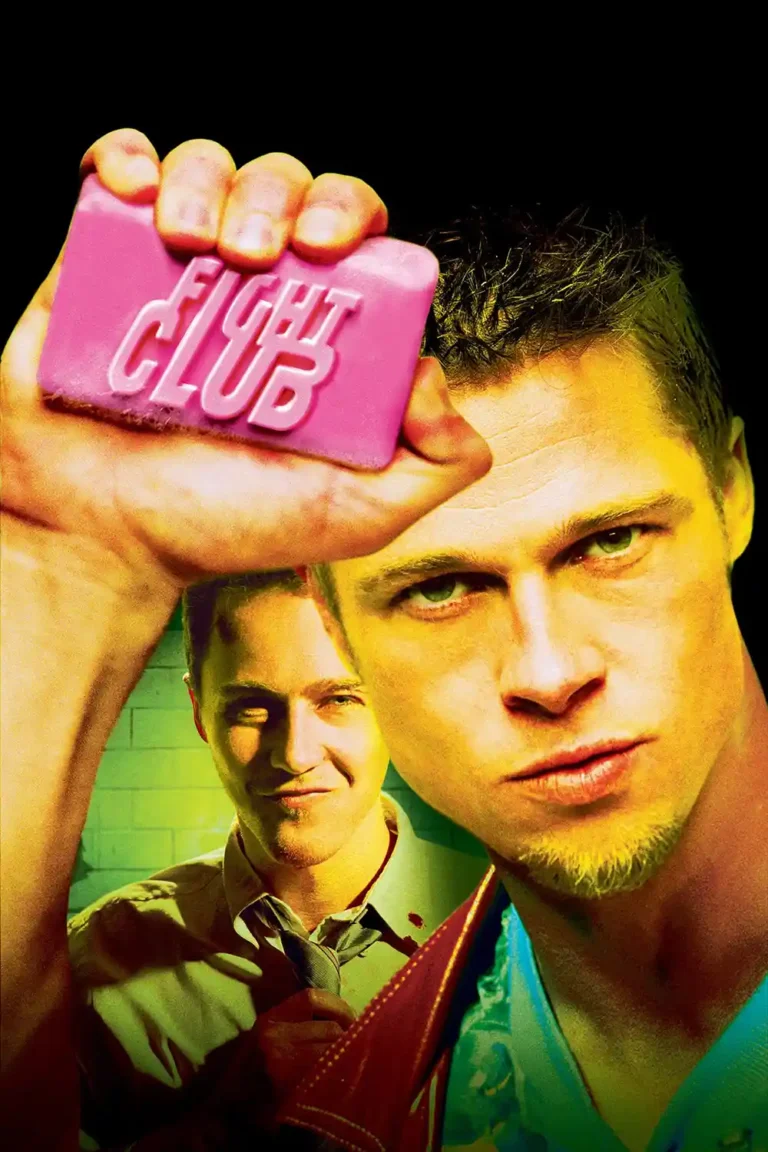 Fight Club Movie poster featuring a close-up of Tyler Durden and the Narrator, with a hand holding the iconic pink soap bar labeled 'FIGHT CLUB'.