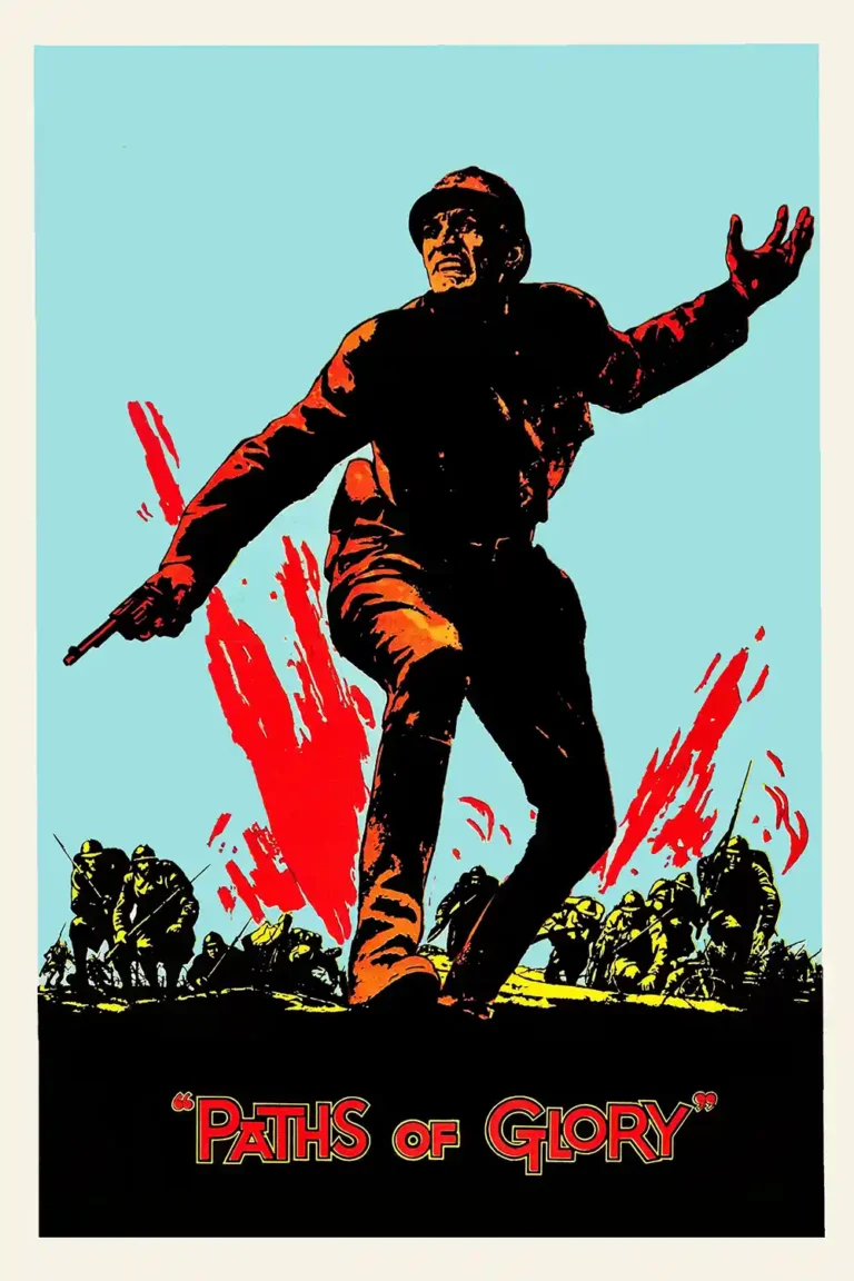 Paths of Glory Movie poster featuring a dramatic silhouette of Colonel Dax charging forward, pistol drawn, against a bright red and blue background.