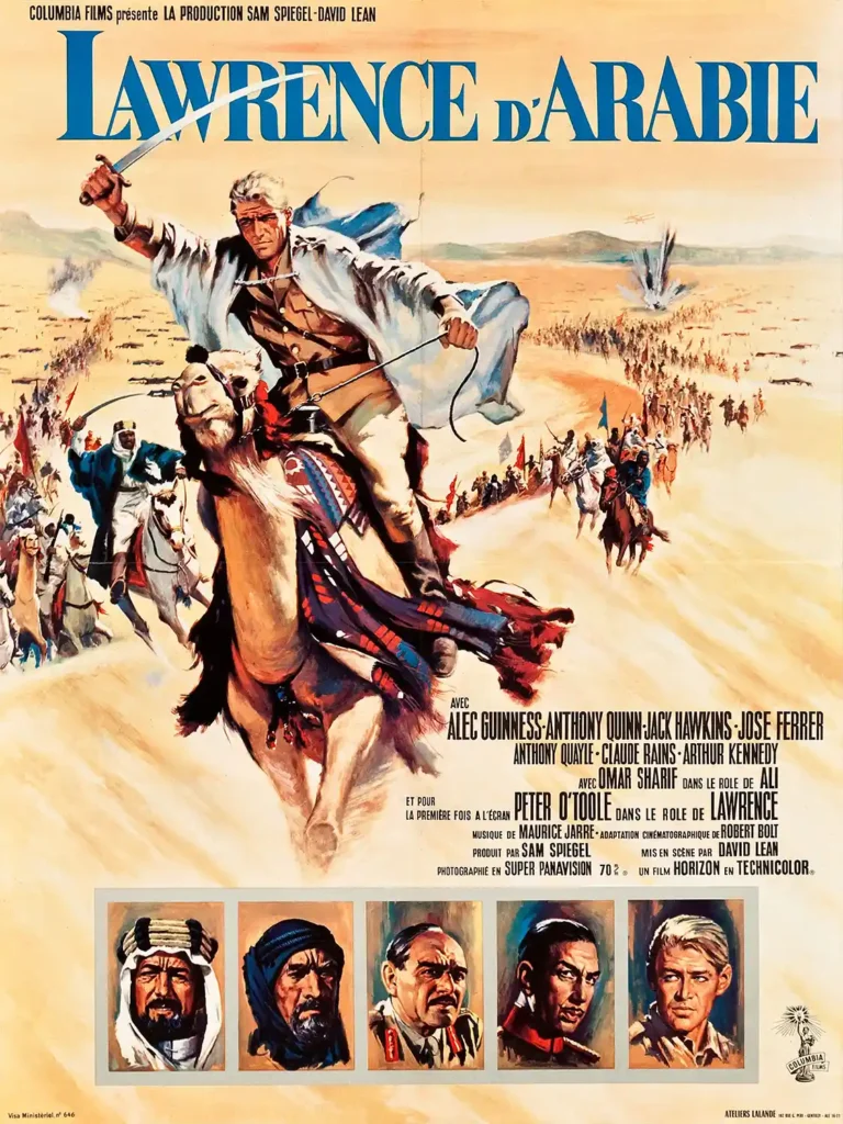 Lawrence of Arabia Movie poster featuring Peter O'Toole riding a camel and wielding a sword across the desert battlefield in a classic painted style.