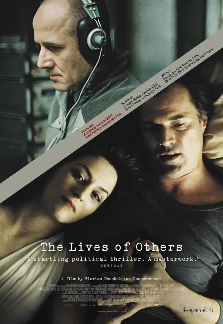 The Lives of Others (Das Leben der Anderen) movie poster featuring Wiesler monitoring the couple, highlighting the tension of Stasi surveillance.