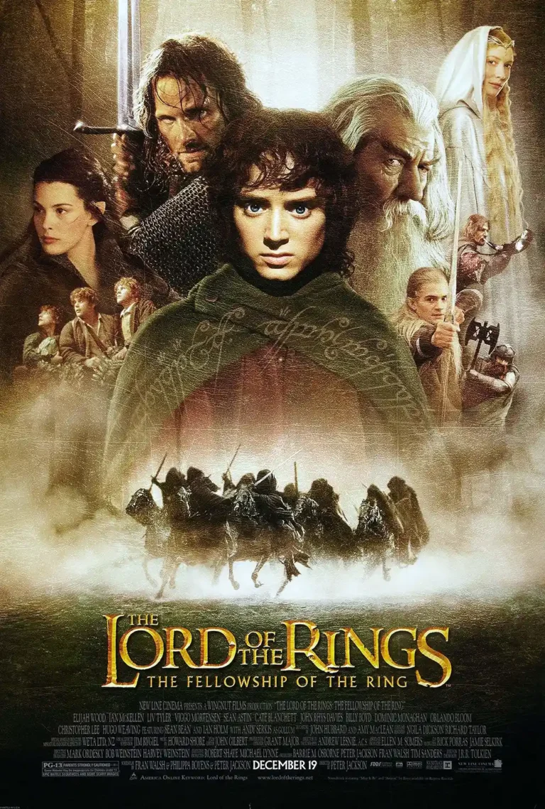 Lord of the Rings: Fellowship of the Ring Movie poster featuring Frodo, Gandalf, Aragorn, and the full original cast.