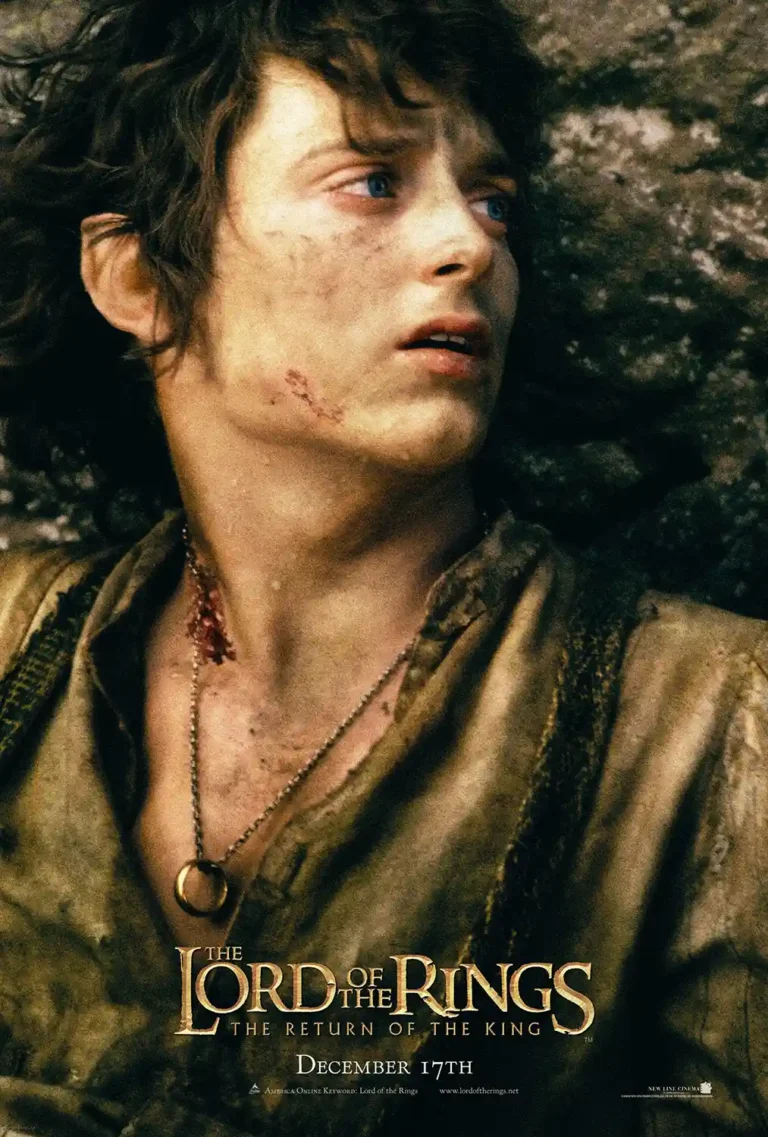 The Lord of the Rings The Return of the King Movie poster featuring a close-up of Frodo Baggins wearing the One Ring necklace, looking injured and determined.