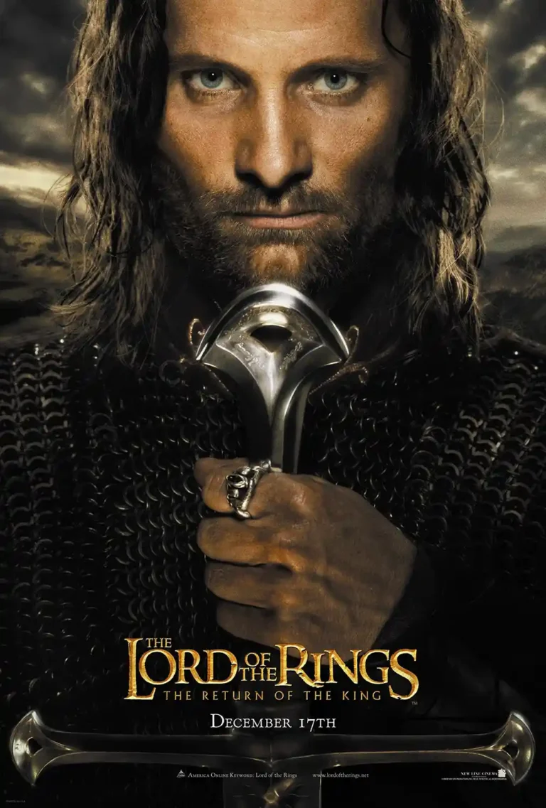 Aragorn Lord of the Rings Movie poster featuring a dramatic, close-up portrait of the character holding his sword hilt and wearing chainmail.