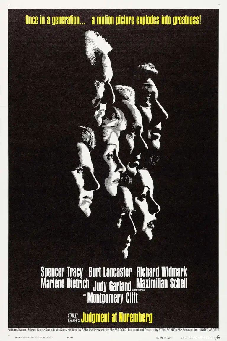 Judgment at Nuremberg Movie poster featuring the iconic stack of black and white profile portraits of the all-star cast against a black background.