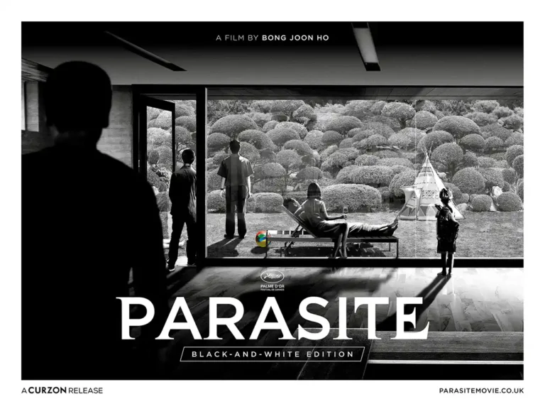 Parasite Movie poster featuring the affluent Park family garden scene in high-contrast black and white, directed by Bong Joon Ho.
