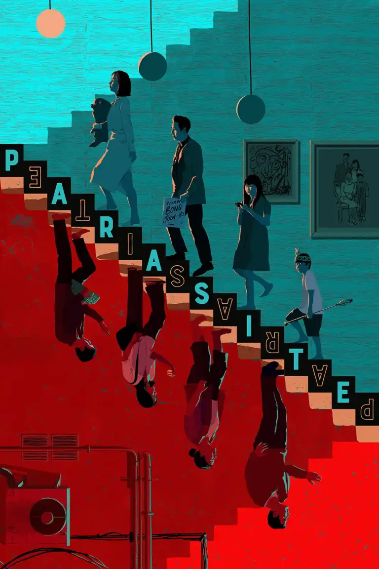 Parasite Movie poster featuring the affluent Park family ascending stairs above the Ki-taek family descending inverted into a red, cramped basement.
